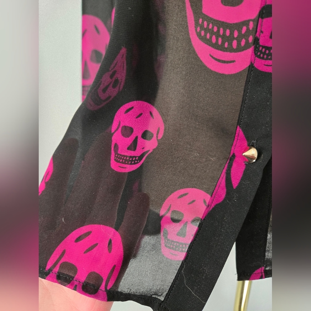 Black and Pink Sheer Skull Blouse with Studded Silver Buttons. Size Small - Picture 3 of 10